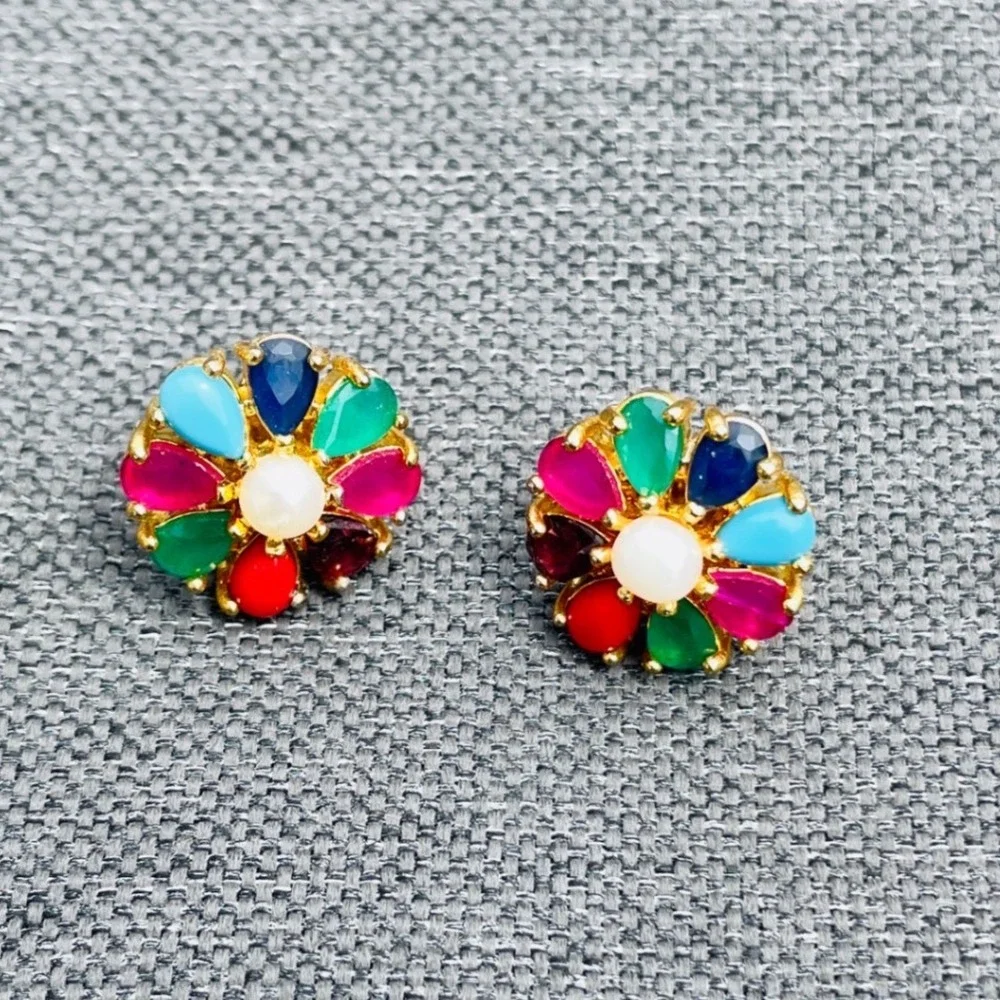 Vintage Multicolor Flower Stud Earrings Gold Tone Faux Pearl Jewel Tone‎ Floral